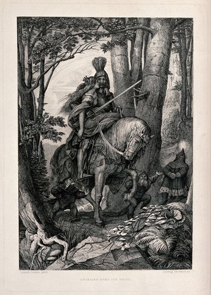 view A soldier with a plume of peacock feathers in his helmet carries a young woman home on his horse with goblins giving him directions. Engraving by Ludwig Friedrich after Eduard Steinle.