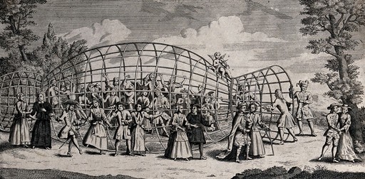 A dance is being conducted outside a large cage which the couples seem to be entering as they dance and a Cupid figure can be seen sitting on the cage. Engraving.