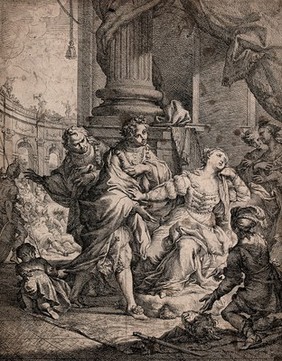 A man points to a decapitated head lying on the ground as a woman holds him back looking distressed. Engraving by or after A. Casali.