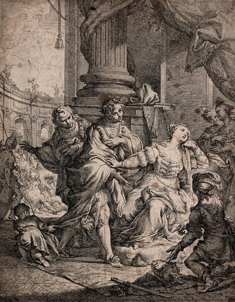 A man points to a decapitated head lying on the ground as a woman holds him back looking distressed. Engraving by or after A. Casali., by Andrea Casali