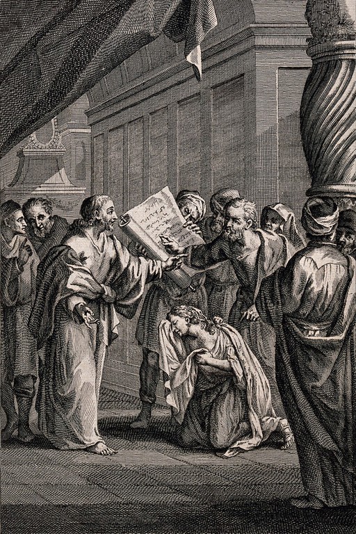 A woman weeping and looking distressed is kneeling on the ground surrounded by men who are discussing what is written on the scroll. Engraving by R. Pranker after Howbrake.