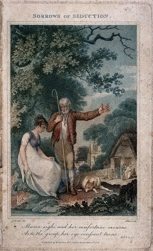 A young girl sits under a tree with an older man who has a shepherd's crook: he points towards a family scene in the background. Stipple engraving by Allen after Corbould.
