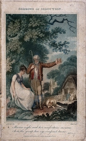 view Maria, a young woman, sits under a tree with an old shepherd; he points towards a family in the background. Colour stipple engraving by Allen after Corbould.