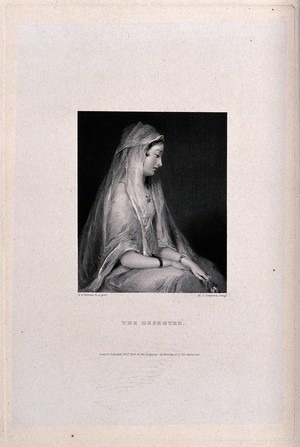 view A girl sits looking very unhappy, with a flower in her hand. Engraving by M.I. Danforth after G.S. Newman.