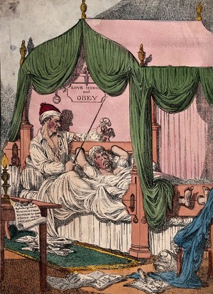 view A couple lie in bed, the husband has a whip and thumbscrews, around the floor lie sheets of paper which tell of the way a wife should behave. Coloured etching by Williams.