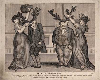Two couples: the young women putting antlers on to the heads of the older men, indicating their cuckoldry. Engraving.