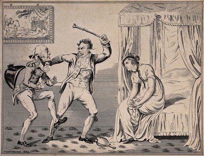 A women sits dejectedly on the end of the bed as one man threatens to hit the other with a riding crop. Etching after George Cruikshank.