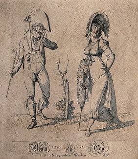 A man scrutinises a woman through an eyeglass as she saunters past wearing a bonnet and carrying a parasol. Etching.