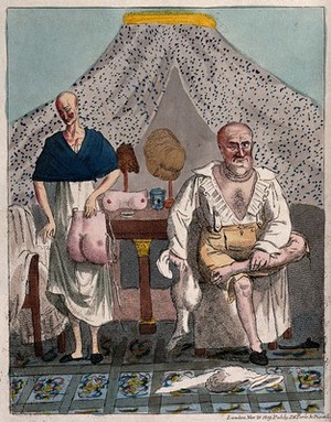 view A bald couple with a variety of wigs and body pieces which they are changing around between them. Coloured etching.