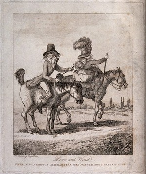 view A man and a woman  riding on horseback outside Cambridge: the man's horse is flatulent. Etching after H.W. Bunbury.