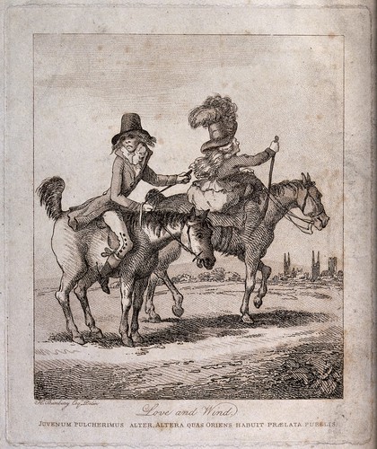 A man and a woman  riding on horseback outside Cambridge: the man's horse is flatulent. Etching after H.W. Bunbury.