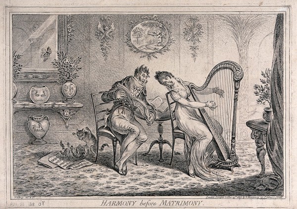 A woman is playing the harp as she and  her male companion sing together, representing a man and a woman in love. Etching by James Gillray.