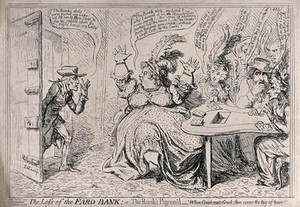 view While Lady Buckingham is gambling with her cronies, her husband enters to report the theft of the bank. Etching by James Gillray, 1797.