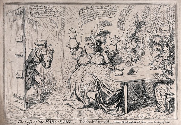 While Lady Buckingham is gambling with her cronies, her husband enters to report the theft of the bank. Etching by James Gillray, 1797.
