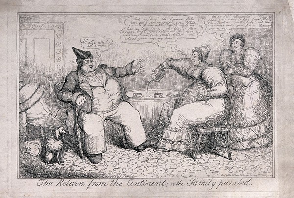 A large man is sitting on a chair by a table while a woman pours tea out of the teapot, seeming to miss the cups as they and the young woman standing behind the chair are engaged in conversation. Etching by Phillips.