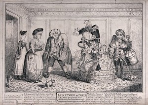 view A young English woman returning from Paris with her French governesss is not recognized by her uncle, aunt and sister owing to her French speech and clothes. Etching by George Cruikshank after EHL.