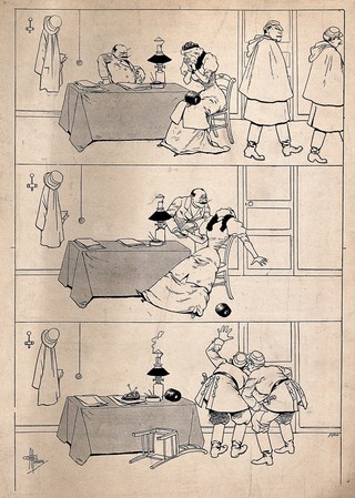 A woman consulting an official weeps and then faints, prompting the official to take her privately into his back office. Line process print by SGAP after Albert Guillaume, 1893.
