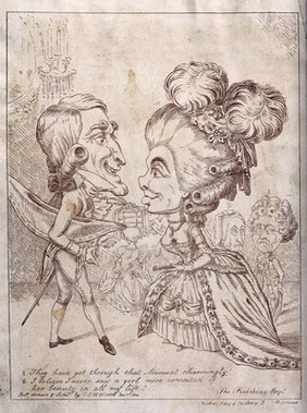 A man and a woman face one another on the dance floor as people behind look on with disapproving faces. Lithograph by C.J.W. Winter.