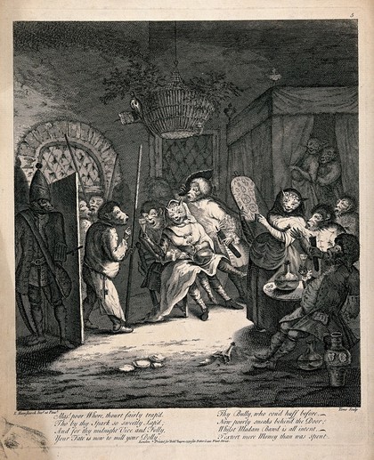 Human figures with the faces of animals are crowded in a room and one figure standing by the open door is addressing the cat woman who is holding a glass. Engraving by Toms after E. Heemskerck.