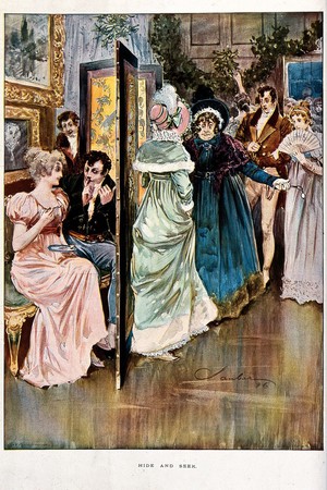 view A young couple hide behind a screen while two women search for them. Colour process print by Swaine after R. Sauber, 1896.