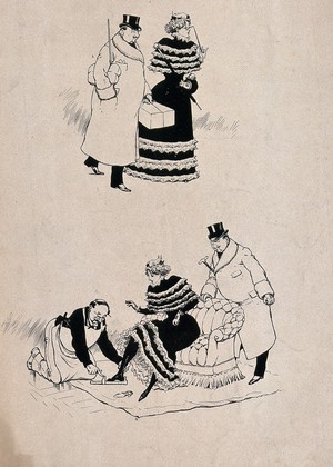 view (Below) a woman is sitting on a chair having her feet measured for a pair of shoes, her male companion stands and waits for her; (above) the couple are walking away and the man is carrying the box with the shoes in it. Line process print, ca. 1900.