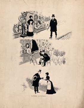 A man enters a florist's shop and attempts to look up the skirt of the florist while she climbs a ladder to get him a wreath which is dedicated to his wife. Line process print by SGAP after A. Guillaume.