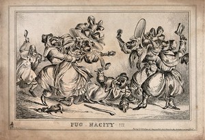 view Female apes in human clothes are brawling, restrained by male apes in human clothes. Etching by W. Heath.