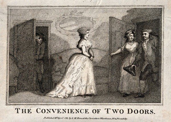 A man hides behind one door as the young woman he has been with moves to greet a newly-arrived couple, appearing through another door. Stipple engraving, 1786.