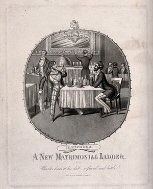 view After his honeymooon, a newly married man becomes disenchanted with his new wife and goes out drinking in his club with an old male friend. Aquatint by C. Hunt after T. Onwhyn.