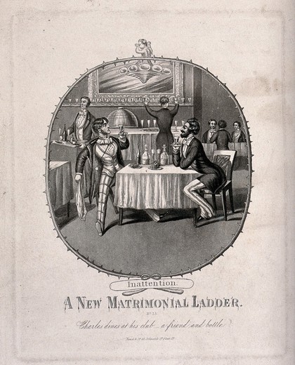 After his honeymooon, a newly married man becomes disenchanted with his new wife and goes out drinking in his club with an old male friend. Aquatint by C. Hunt after T. Onwhyn.
