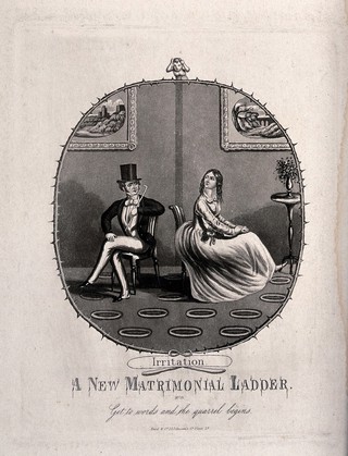 A married couple, Charles and Julia, quarrel and sit with their backs to one another. Aquatint by C. Hunt, 1853, after T. Onwhyn.