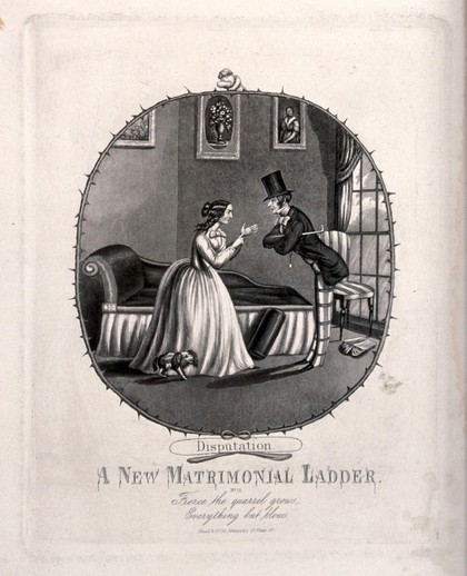 A young couple are having an argument, she is pointing with her finger and he is leaning towards her as the dog hides behind her skirts. Aquatint by C. Hunt, 1853, after T. Onwhyn.
