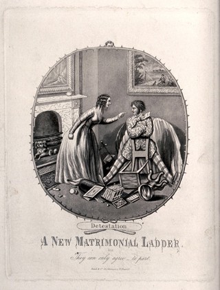 A room is full of broken furniture and a young couple are arguing. Aquatint by C. Hunt, 1853, after T. Onwhyn.