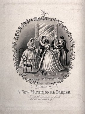 A young couple embrace and their companions weep and look hopeful. Aquatint by C. Hunt, 1853, after T. Onwhyn.