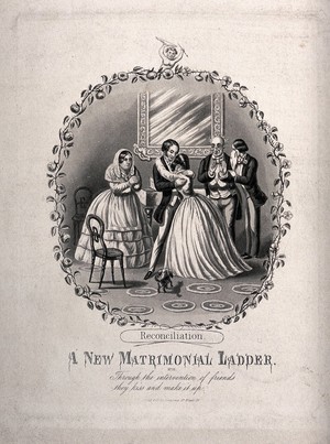 view A young couple embrace and their companions weep and look hopeful. Aquatint by C. Hunt, 1853, after T. Onwhyn.