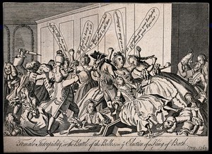 view Ladies and gentlemen at Bath brawling over the election of the Master of ceremonies. Engraving, 1769.