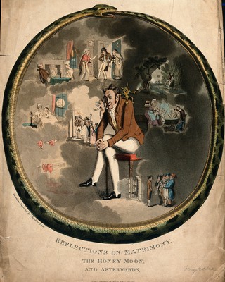 A man sits with a devil on one shoulder, and a cherub on the other, contemplating all the stages of marriage. Coloured aquatint by T. Lane after himself.