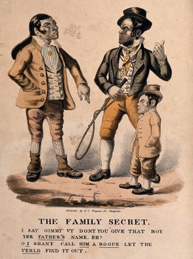 Two men are standing together with a boy, one of the men has a whip in his hand and the other is pointing towards the boy . Colour lithograph.