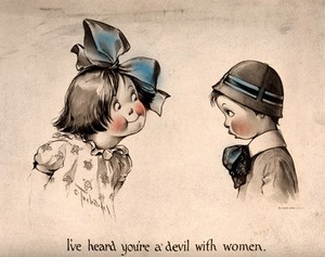 view A girl with a large bow in her hair faces a boy wearing a hat and a large bow tie: she tells him she has heard he is a womaniser. Colour lithograph after C.H. Twelvetrees.