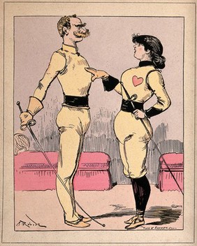 A man with a large moustache and a woman with a large heart on her costume, both in fencing dress and carrying swords. Coloured line process by Yves & Barret after A. Robida.