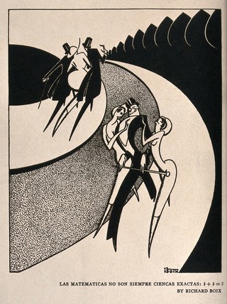 Two groups of three figures, each walking arm-in-arm along a tree-lined avenue. Line process print after R. Boix.