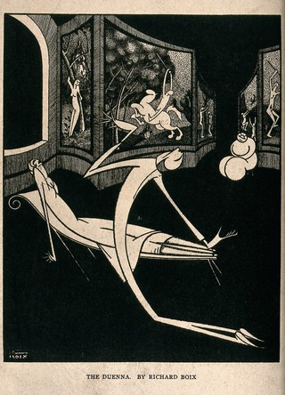 A young woman reclines on a chaise-longue while a young man pays court to her: a fat round figure watches from the other side of the room. Line process print after R. Boix.