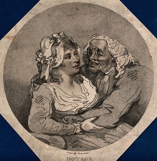 An old man with his arms around a young woman. Stipple engraving after Thomas Rowlandson.