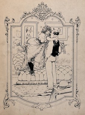 A young woman in a frilly negligee stands on a couch with her arms around the neck of a man standing on the floor, his bowler hat and walking cane lie on the side table. Line process print.