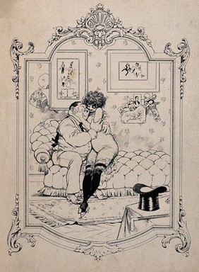 A couple sit on a couch with their arms wrapped around one another, a top hat and a walking cane are on the side table. Line process print.