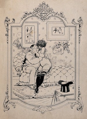 view A couple sit on a couch with their arms wrapped around one another, a top hat and a walking cane are on the side table. Line process print.
