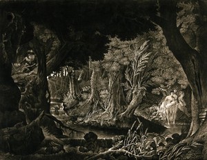 view A group of women bathing and resting on the banks of a lake, they are watched by a young man who is sitting in a tree reading a book. Mezzotint.