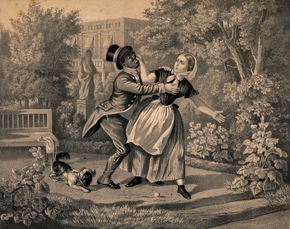 A young woman repulses the attentions of a young black manservant by pinching his nose. Tinted lithograph by H. Jessen after C. Förster.