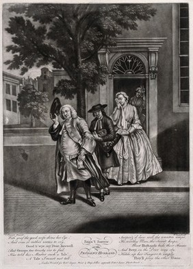 A man leaves the house followed by his servant, a woman weeps and a girl in the background makes a gesture. Mezzotint by Wilson after C. Troost.