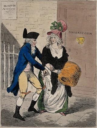 Left, a woman is attacked by Renwick Williams with a knife; right, a man is making "copper bottoms" for women to prevent them from being injured in an attack. Coloured etching.